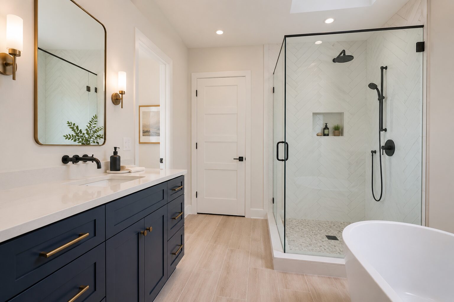 Bathroom remodel reference — navy vanity, glass shower and freestanding tub