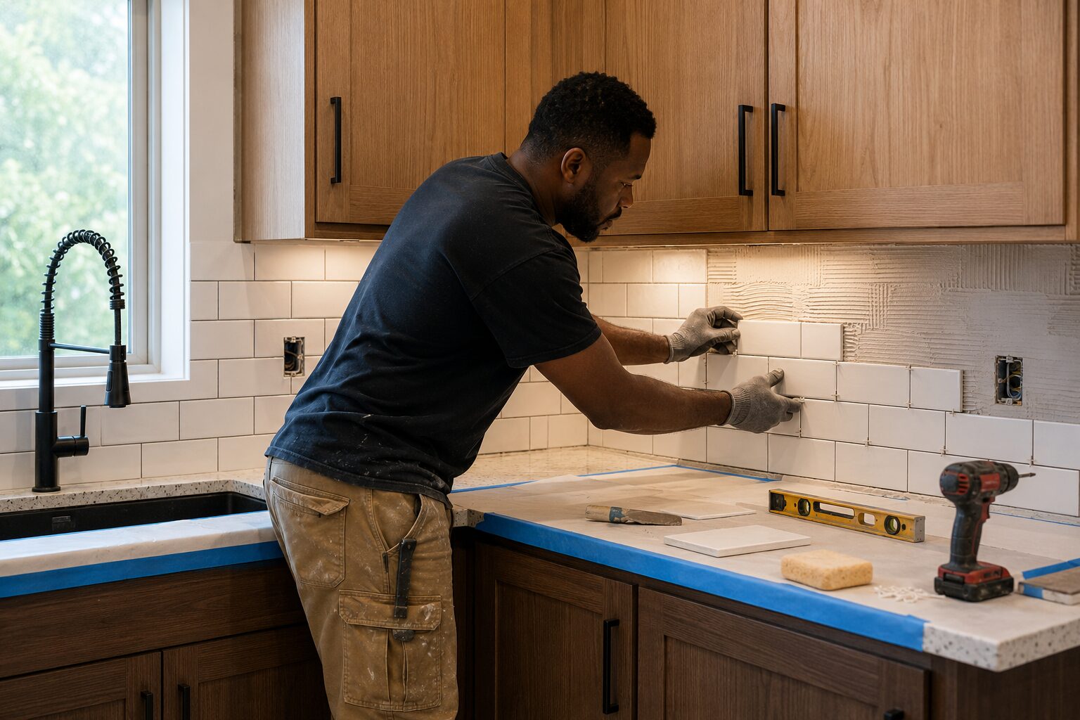 Kitchen work reference — subway tile backsplash installation