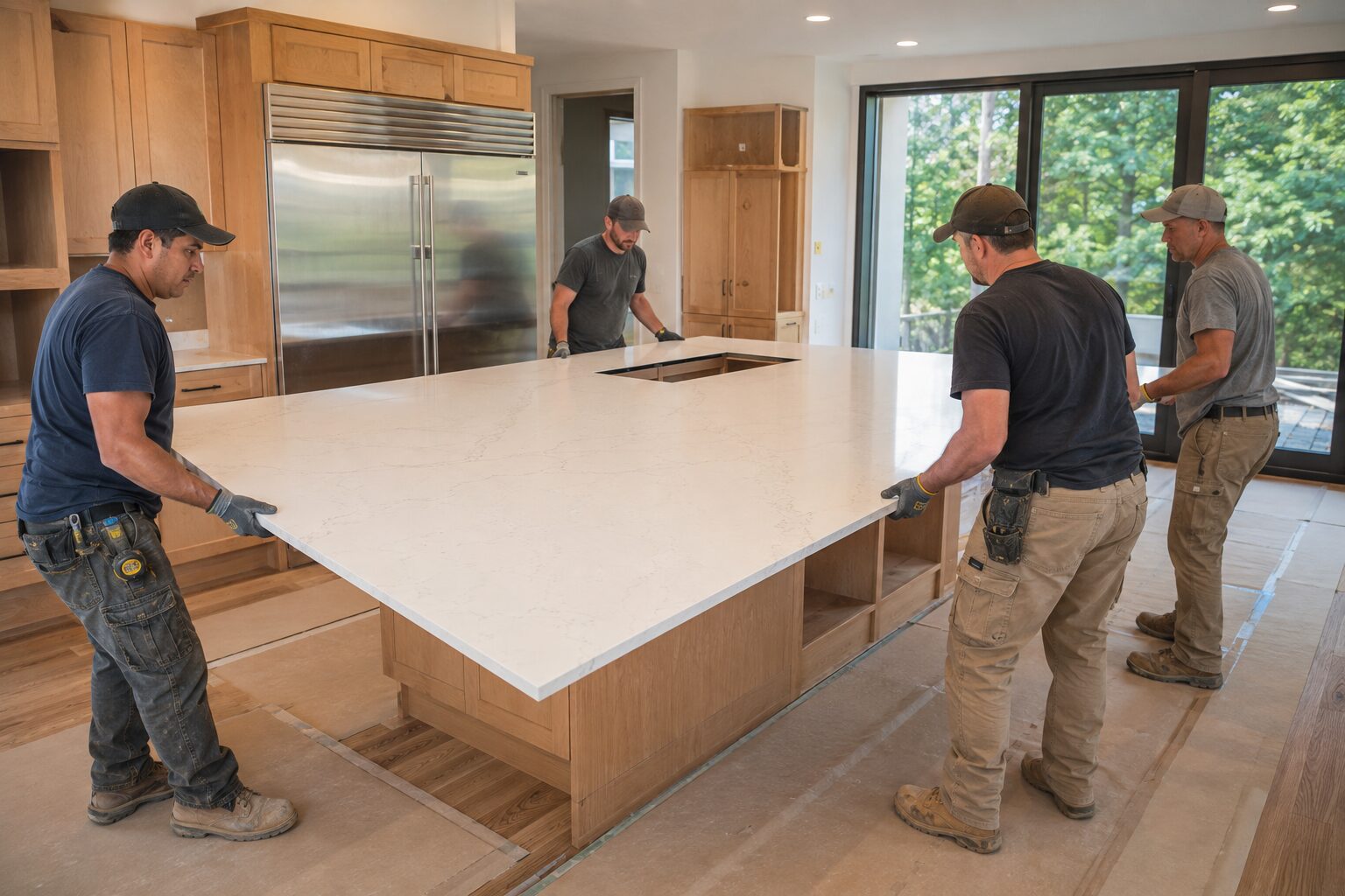 Kitchen work reference — crew setting a stone island countertop