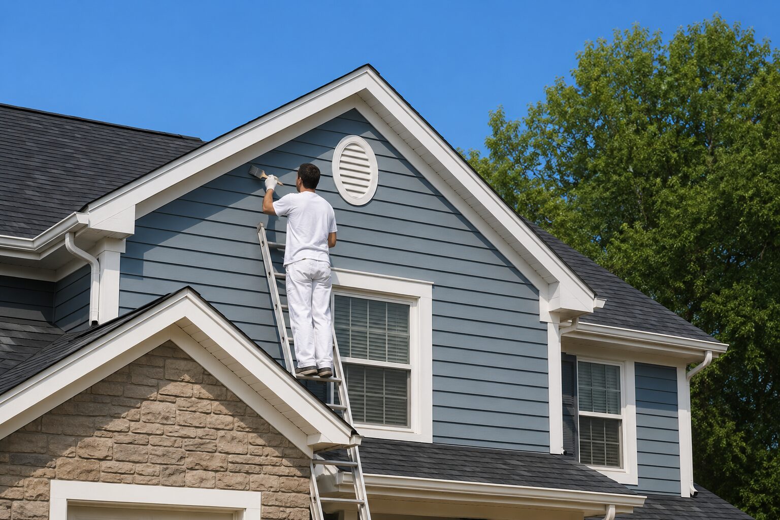 Exterior painting reference — blue siding and white trim refresh