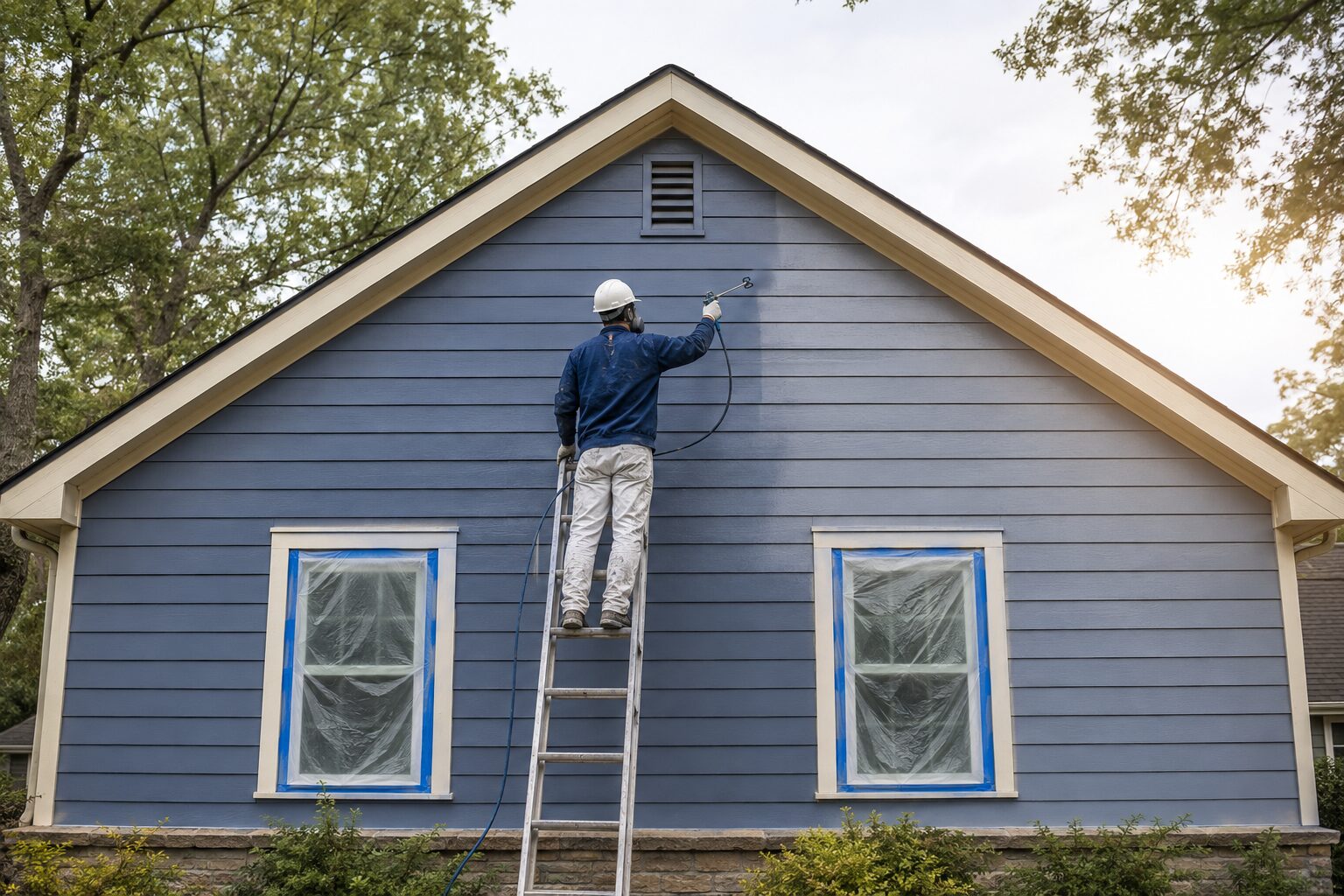 Exterior painting reference — spraying siding with windows masked