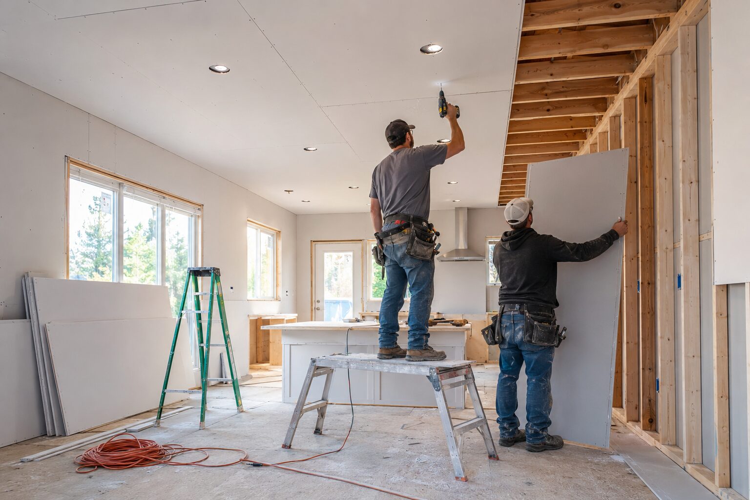 Work in progress reference — hanging drywall in a remodel