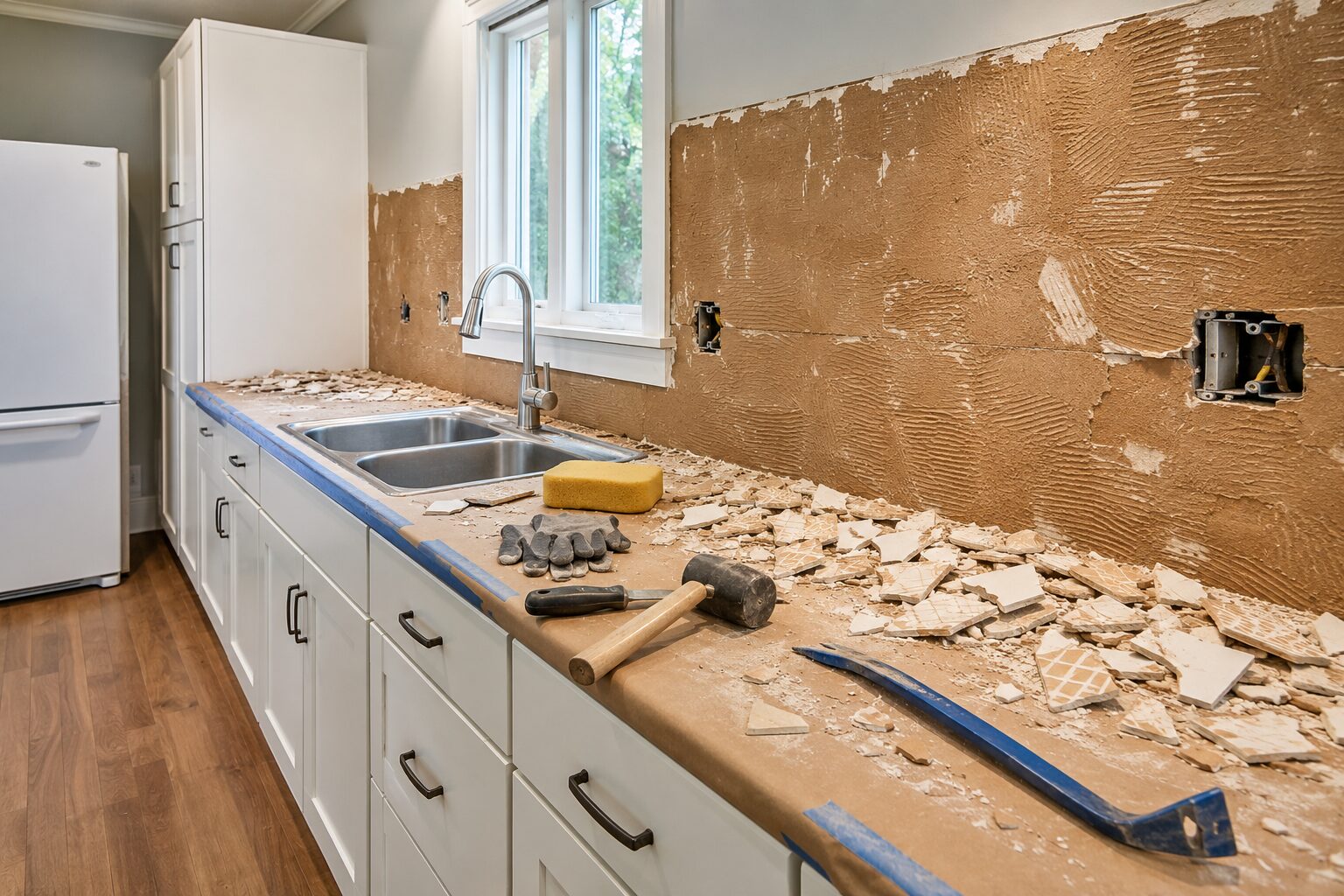 Work in progress reference — kitchen backsplash demolition